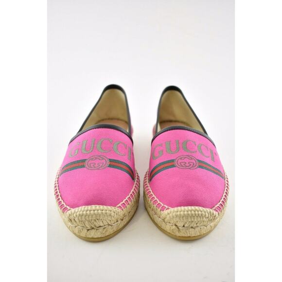 Gucci Pilar Pink Canvas Black Leather Trim GG Logo Print Flat Espadrilles 37.5 - Picture 6 of 12